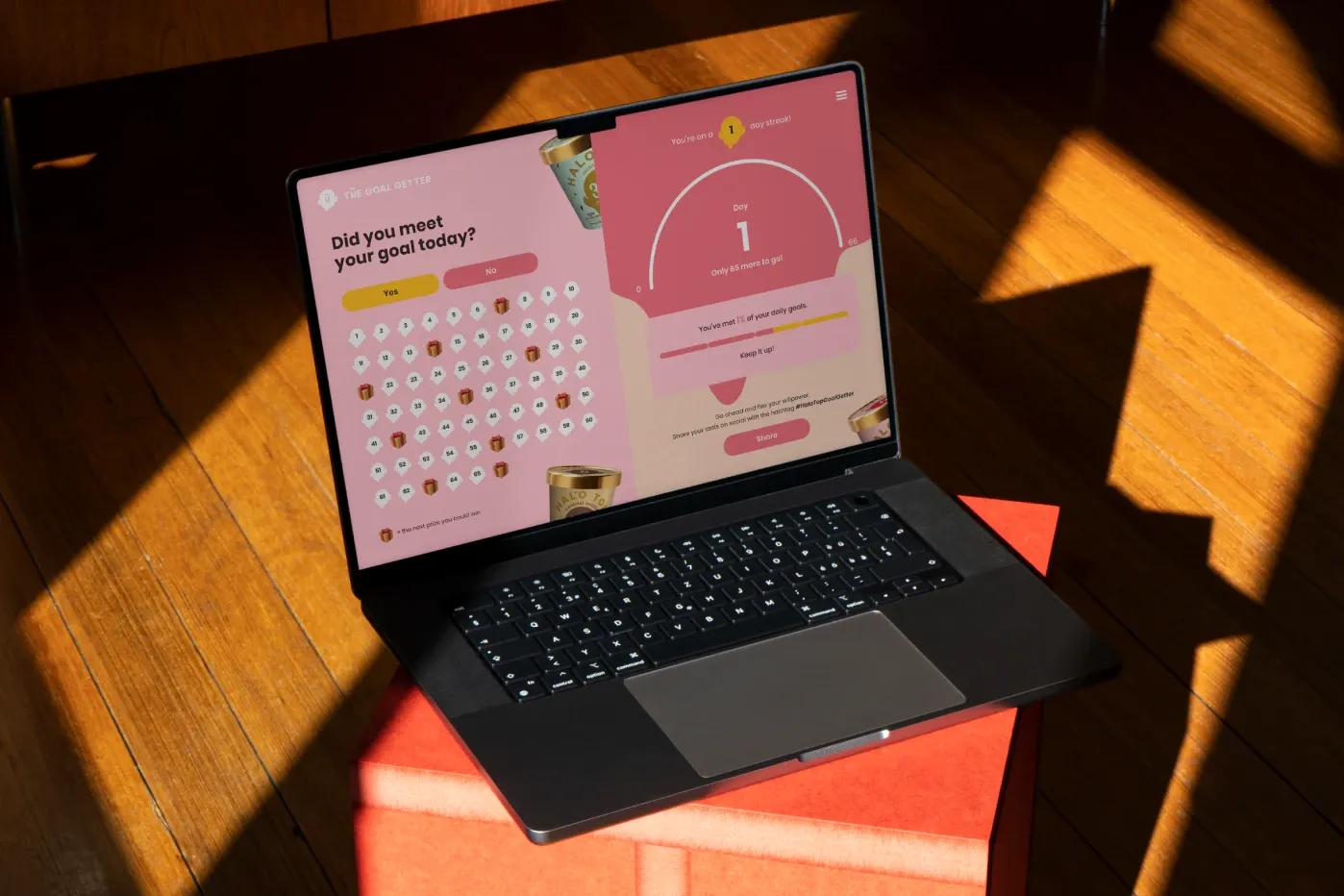 Halo Top Goal Getter on laptop sitting on table for desktop