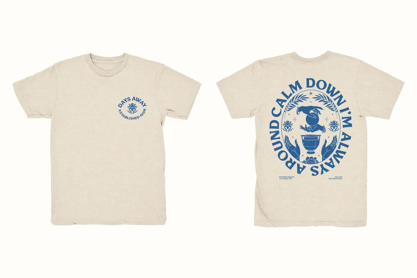 Front and back view of a t-shirt featuring the Days Away logo on the front and lyrics from with an illustration on the back.