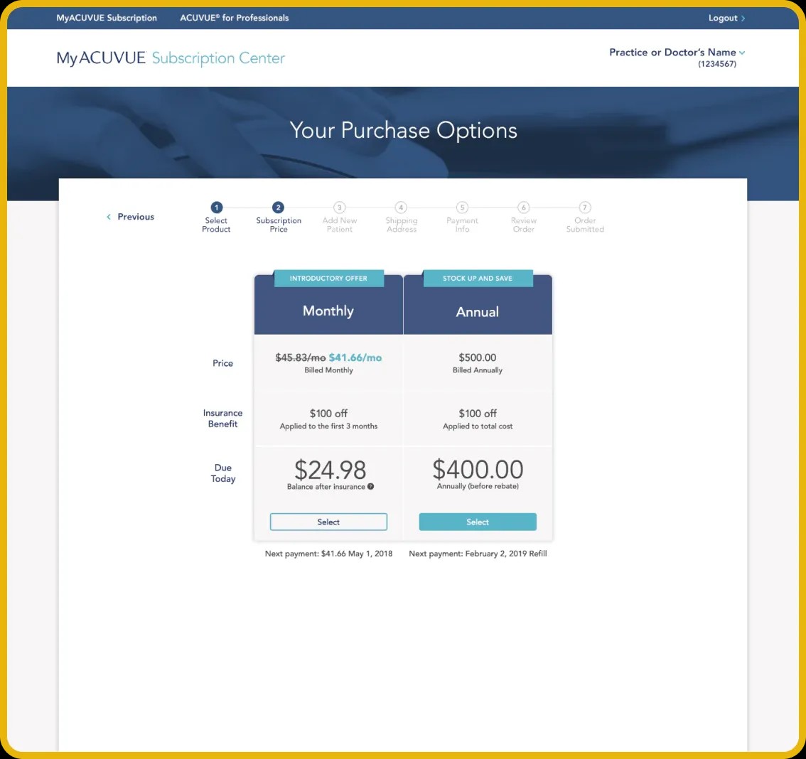 Image of MYACUVUE Your Purchase Options webpage.