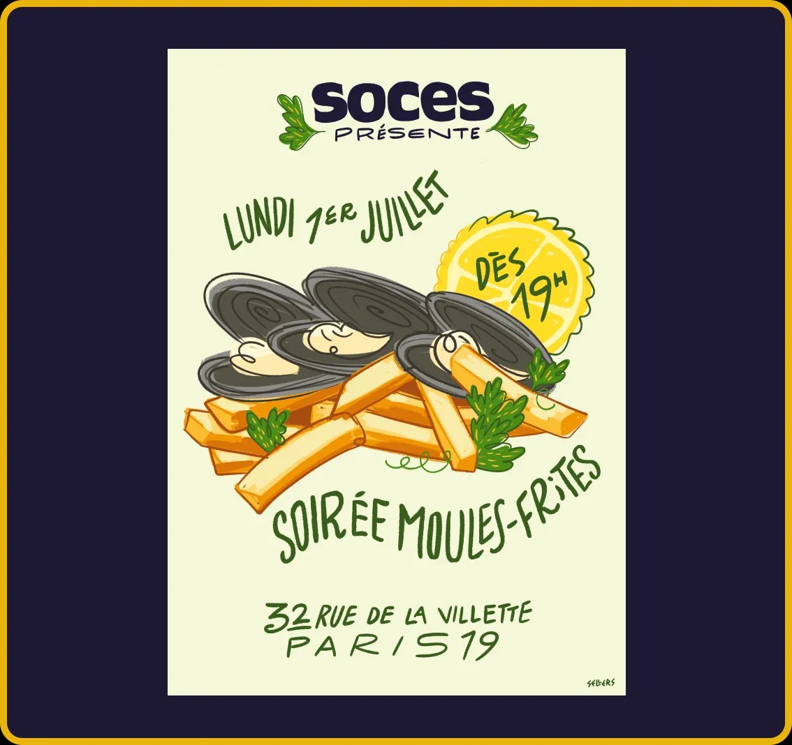 Poster for a Soces pop-up event featuring an illustration of clams and french fries with event details.