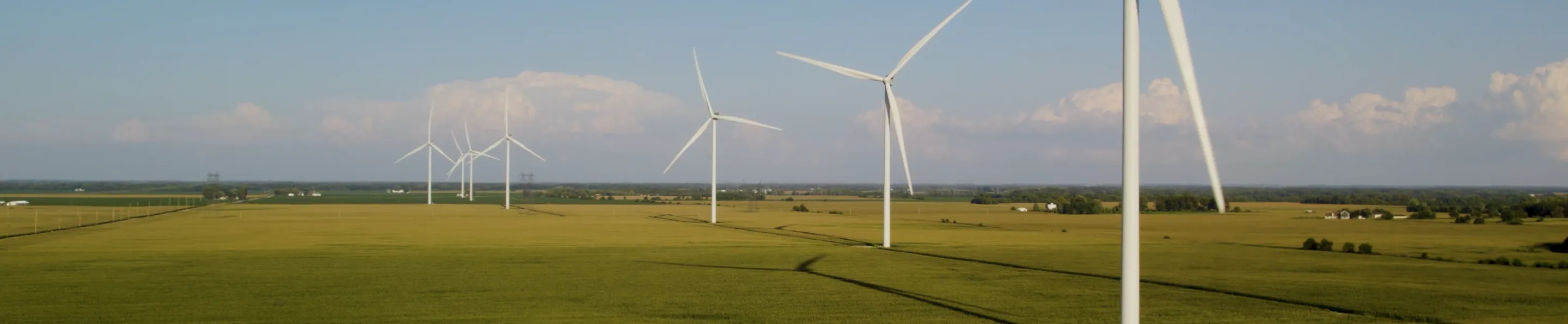 Expansive green field under a clear blue sky with wind turbines scattered across the landscape.