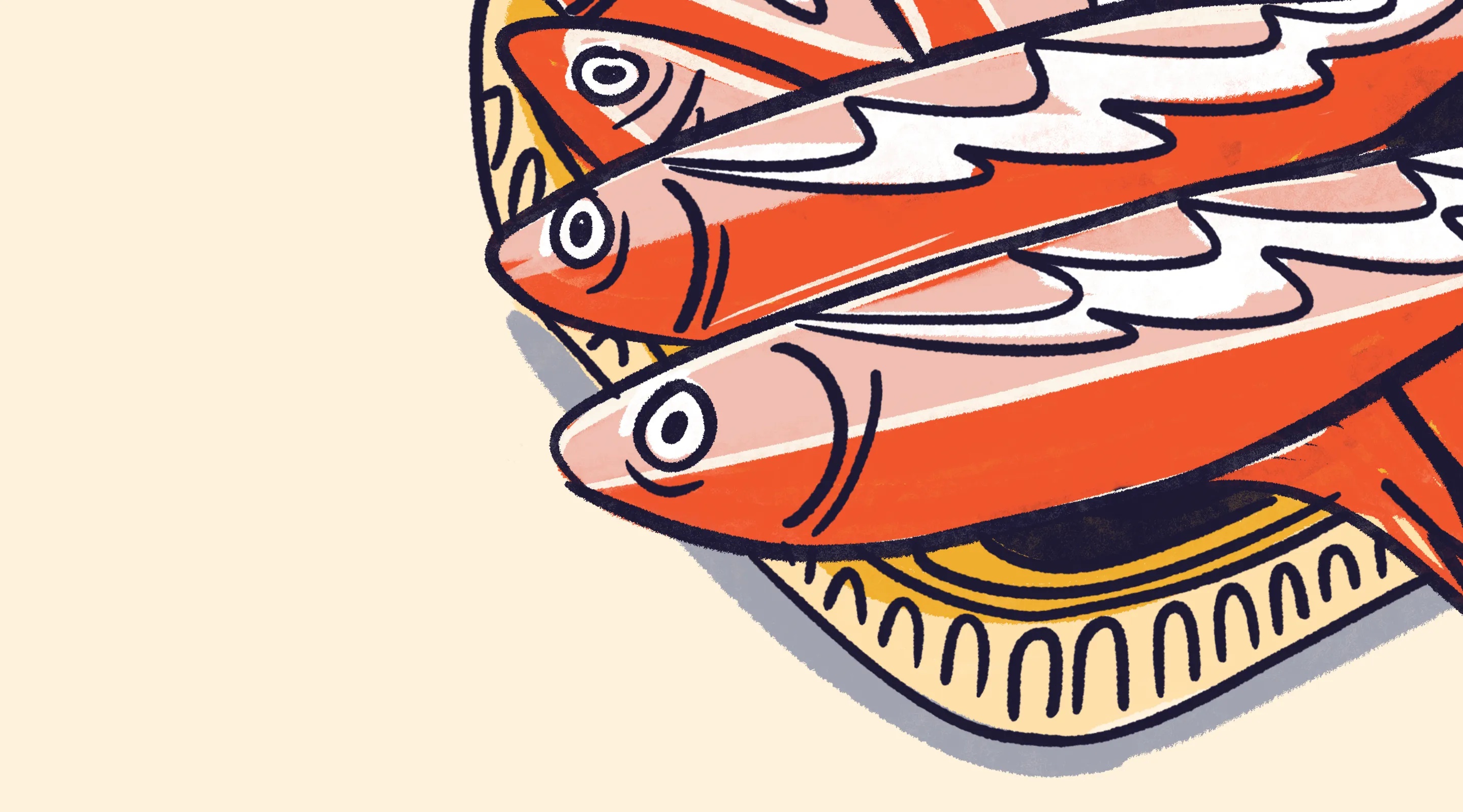 Cropped illustration of red-orange sardines in a tin.