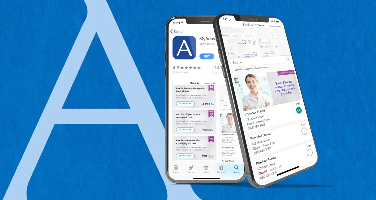 jjv-work-desktop.webp Two iPhones side by side with MYACUVUE App on a blue background with capital A.